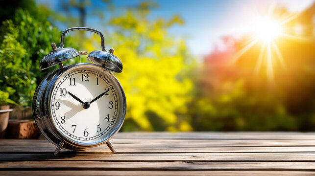 Daylight savings time change spring forward visualization, seasonal clock adjustment, time transition representation, annual time shift, with copy space