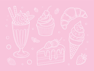 Sweet Desserts Outline Illustration on Pink Background: Cupcakes, Ice Cream