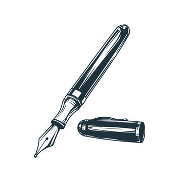 Vintage fountain pen sketch with cap. Hand drawn sketch style design retro drawing. Vector illustration isolated on white background.