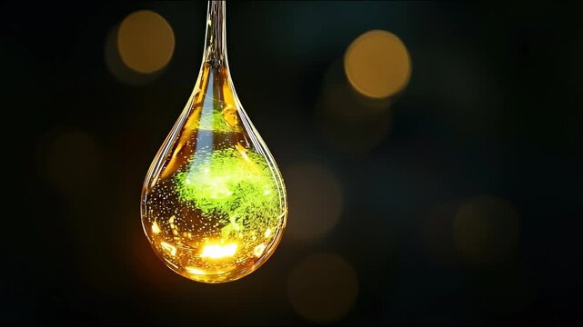 3D render of a flawless golden biodiesel droplet suspended mid-air, with subsurface light scattering through the translucent liquid and detailed microscopic surface tension visible.