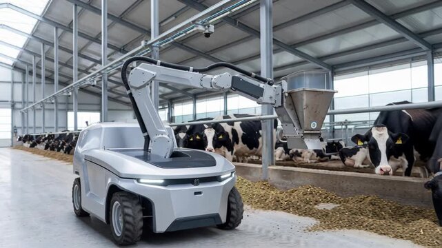 Autonomous agriculture robot feeding dairy cows in modern barn with robotic feeder improving livestock feeding efficiency and calm animal care