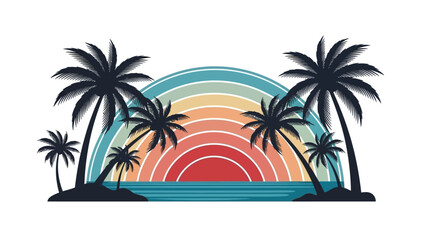 Obraz premium Graphic illustration of a vibrant tropical sunset with palm trees against a colorful, multicolored circular background on a white backdrop.