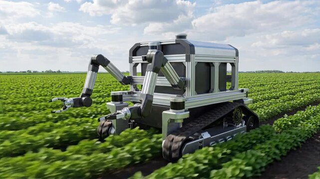 Autonomous agriculture robot harvester with robotic arm manipulators navigating green crop field and harvesting under cloudy sky