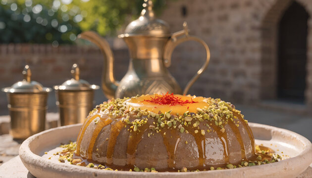 Aseeda (Asida) Traditional Omani Sweet Dessert with Honey and Pistachios, Authentic Middle Eastern Food Photography, Rustic Outdoor Setting