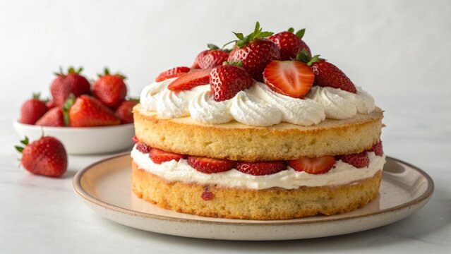 Elegant layered strawberry cake topped with fresh berries and whipped cream
