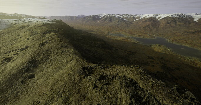 mossy rolling hills under overcast sky with shallow tarn and sweeping valleys, textured vegetation and muted light reveal erosion patterns and layered contours,