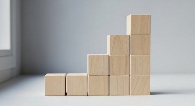 Stacking wooden blocks in ascending levels creating a staircase shape isolated against a light grey background