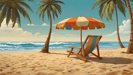 Fototapeta premium Relaxing beach scene with palm trees and colorful umbrella