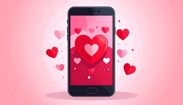 Smartphone displaying heart icons surrounded by floating hearts on a soft pink background from a straightforward viewpoint