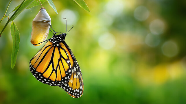 Delicate butterfly emerging from cocoon wings glowing, vibrant colors transformation renewal symbolizing, blurred spring meadow background metamorphosis visualization, with copy space