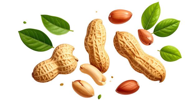 Digitally rendered image features a scattering of shelled and unshelled legumes with vibrant green leaves against a black background