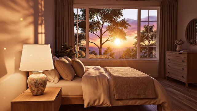 A serene bedroom scene with a bed and dresser beside a large window showing a tree and a vibrant sky at sunset