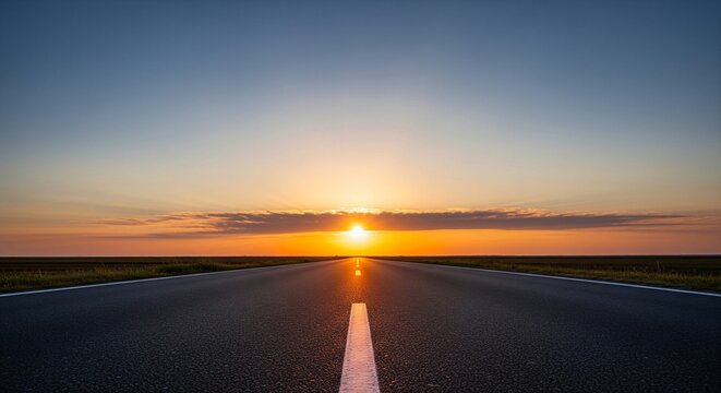 Empty asphalt road stretching towards the horizon under a vibrant sunset sky