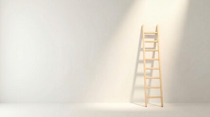 Wooden ladder leaning against a plain wall with soft sunlight and shadow © Mimie