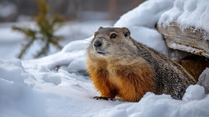 Obraz premium Groundhog Day celebration captured in snow, lively groundhog awaiting spring's arrival, traditional weather prediction, seasonal folklore visualization, with copy space