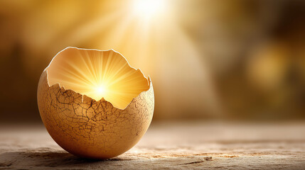 Cracked eggshell with golden light shining from within, new beginnings renewal symbolizing, blur background transformation moment, seasonal rebirth visualization, with copy space
