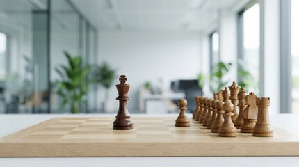 Wooden chess king stands alone on chessboard facing row of opposing pieces in modern office © Mimie