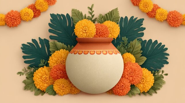 Happy Ugadi Festival Worship with Traditional Kalash Decoration Flowers and Mango Leaves for Indian Cultural Celebration Background Illustration.