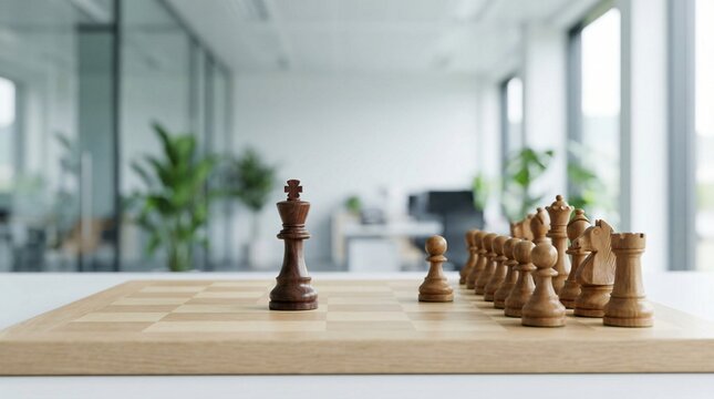 Wooden chess king stands alone on chessboard facing row of opposing pieces in modern office