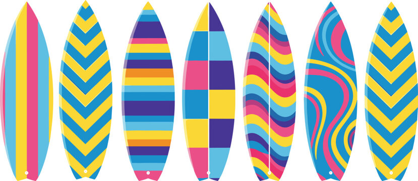 Colorful surfboard collection with abstract geometric and wave patterns summer beach sport vector illustration set