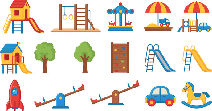 Children playground equipment collection with slides swings sandbox seesaw climbing frame and park toys vector set