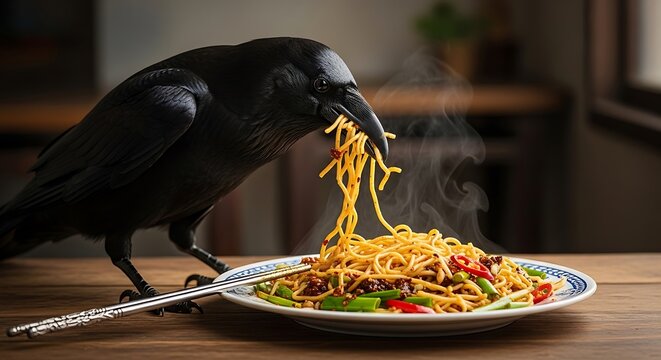 Black Crow Eating Noodles from Plate.