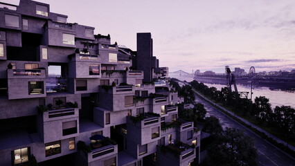 Stacked modular housing against purple skyline, repetitive concrete volumes with grid of windows, dramatic shadows and strong geometry, feeling of urban density