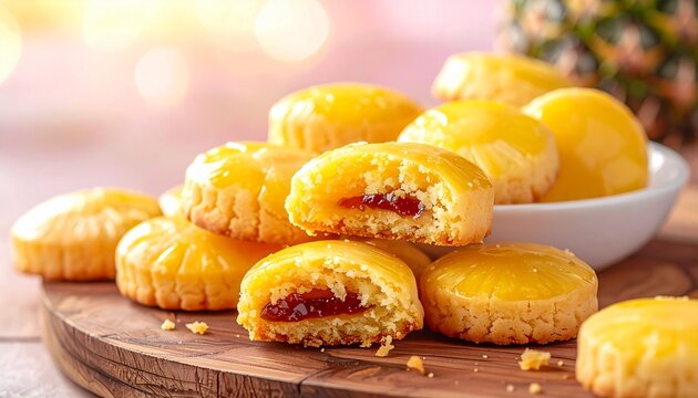 Delicious pineapple jam filled cookies on a wooden board with a bowl of cookies in the background