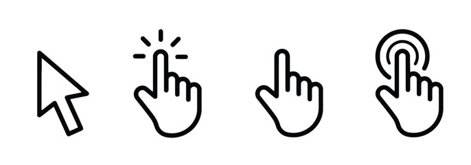 Computer cursor hand pointer icons set showing click and touch actions for web design and interface