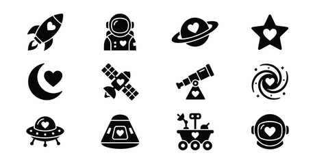 Cosmic icons with hearts for space exploration and love themes in black and white © Rahman