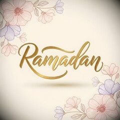 word Ramadan Cream Background with Delicate Floral Corner Design