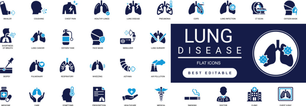 Lung Disease Solid Icon Set Lungs, Asthma, Respiratory, Medical, Health, Anatomy, Healthcare, Breathing, Professional Vector Set Editable