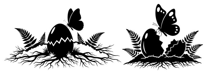 Silhouette of a butterfly sitting on a cracked egg surrounded by fern leaves and roots © Katarzyna