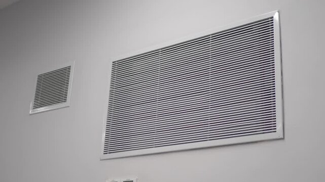 Industrial white aluminum air vent covers on clean white wall inside ventilation system facility