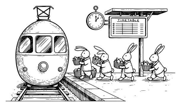 Detailed hand drawn black and white illustration of bunnies with egg baskets at a railway station platform