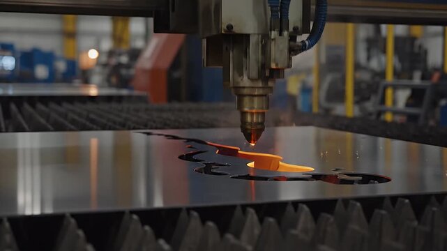 Laser Cutting Metal in Factory - A laser cutting machine precisely engraves a metal sheet in an industrial factory setting, producing bright light and sparks.