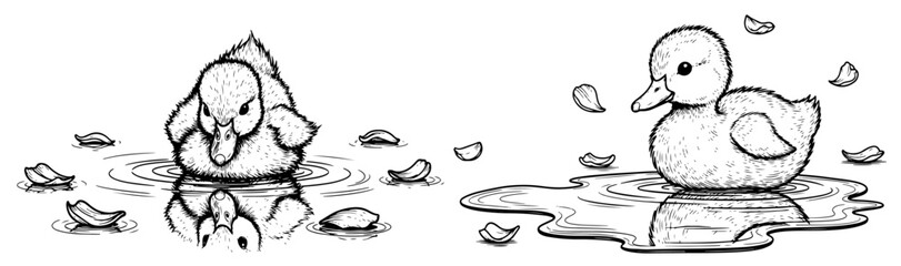 Hand drawn vintage illustration of cute ducklings swimming in a pond with water petals © Katarzyna