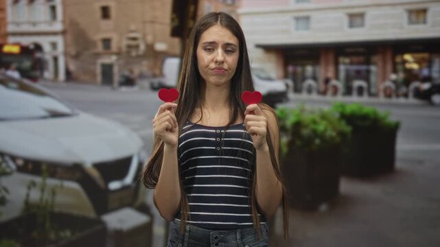 Woman holding two small red hearts in each hand on a city street near parked cars, a white van and planters by storefronts, long straight hair, looking disappointed and uncertain; heartbreak sadness.