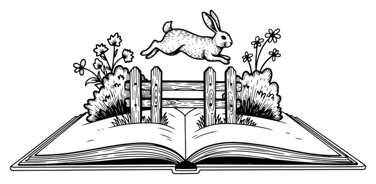 Woodcut illustration of a rabbit jumping out of an open book in a meadow scene