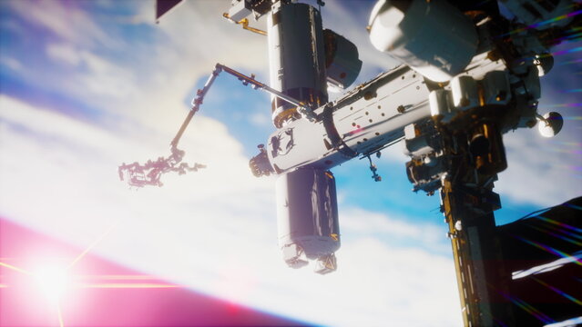 International Space Station ISS floating in orbit above planet earth in outer space elements by NASA