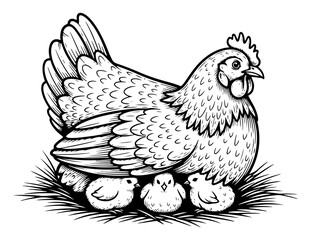 Detailed woodcut illustration of a mother hen sitting on a nest with small baby chicks © Katarzyna