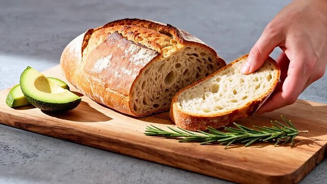 Fresh bread avocado and rosemary on cutting board