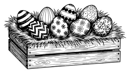 Hand drawn vintage illustration of a wooden crate filled with hay and patterned easter eggs © Katarzyna