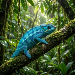Blue chameleon resting on a moss covered branch in lush tropical rainforest. Natural wildlife scene with soft green background and shallow depth of field.