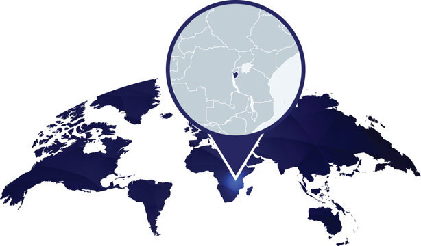 World map locator with magnified Africa highlight and pinpoint zoom callout