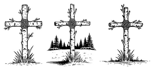 Set of rustic birch wood crosses with rope ties in hand drawn engraving style © Katarzyna