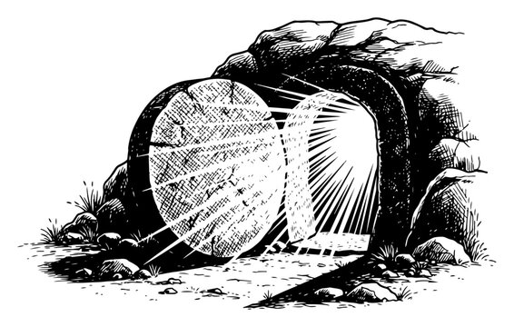 Resurrection of Jesus empty tomb with divine light rays in vintage engraving style