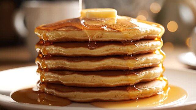 A stack of golden pancakes on a white plate, topped with butter and drizzled with syrup