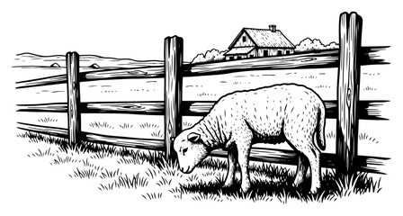 Vintage hand drawn engraving of a lamb grazing in a pasture next to a wooden fence and farmhouse © Katarzyna