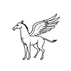 Fototapeta premium Bold black silhouette of a mythic hippogriff perched in flight-ready stance, half‑eagle half‑horse, detailed sharp wings against clean white backdrop—ideal fantasy illustration
